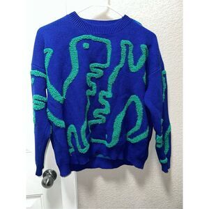 Treaded Leafs Embroidered Dinosaur Knit Sweater